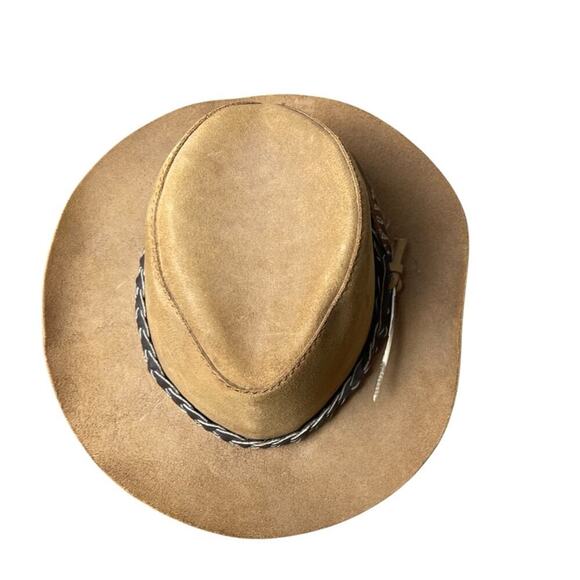 Head N Home “Duke” Suede Leather Hat, Unisex,  Leather banded Trim/Feather, Tan - Picture 3 of 8